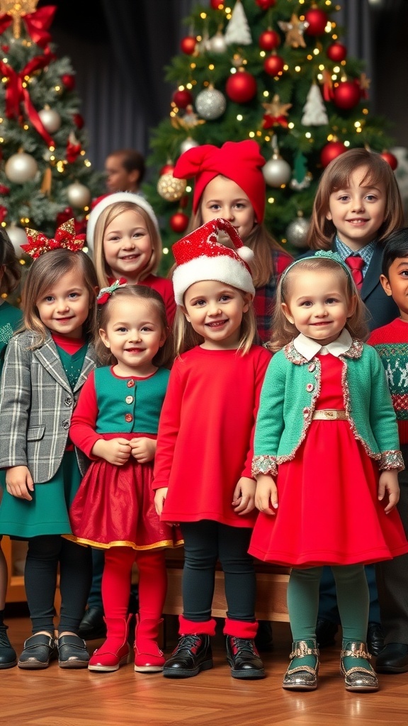 Festive Christmas Party Outfits for Kids Children in festive Christmas outfits, including dresses and blazers, with a decorated Christmas tree in the background.